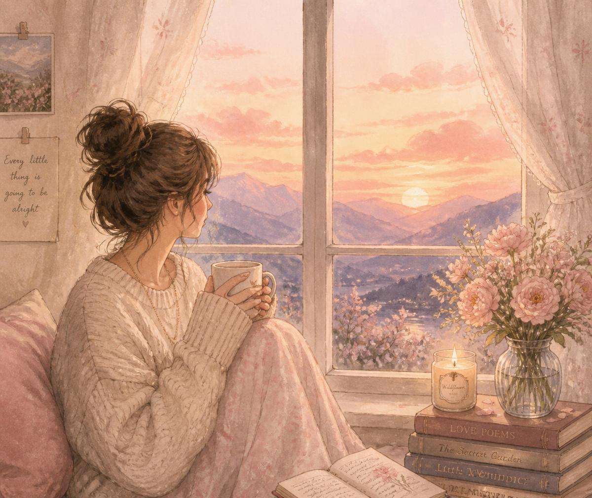Woman with a warm mug watching a pastel sunset through a window