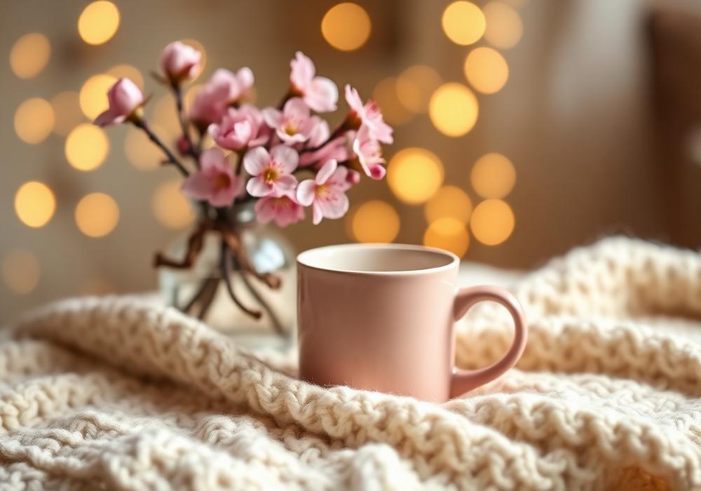Blush pink mug on a knitted blanket with spring blossoms